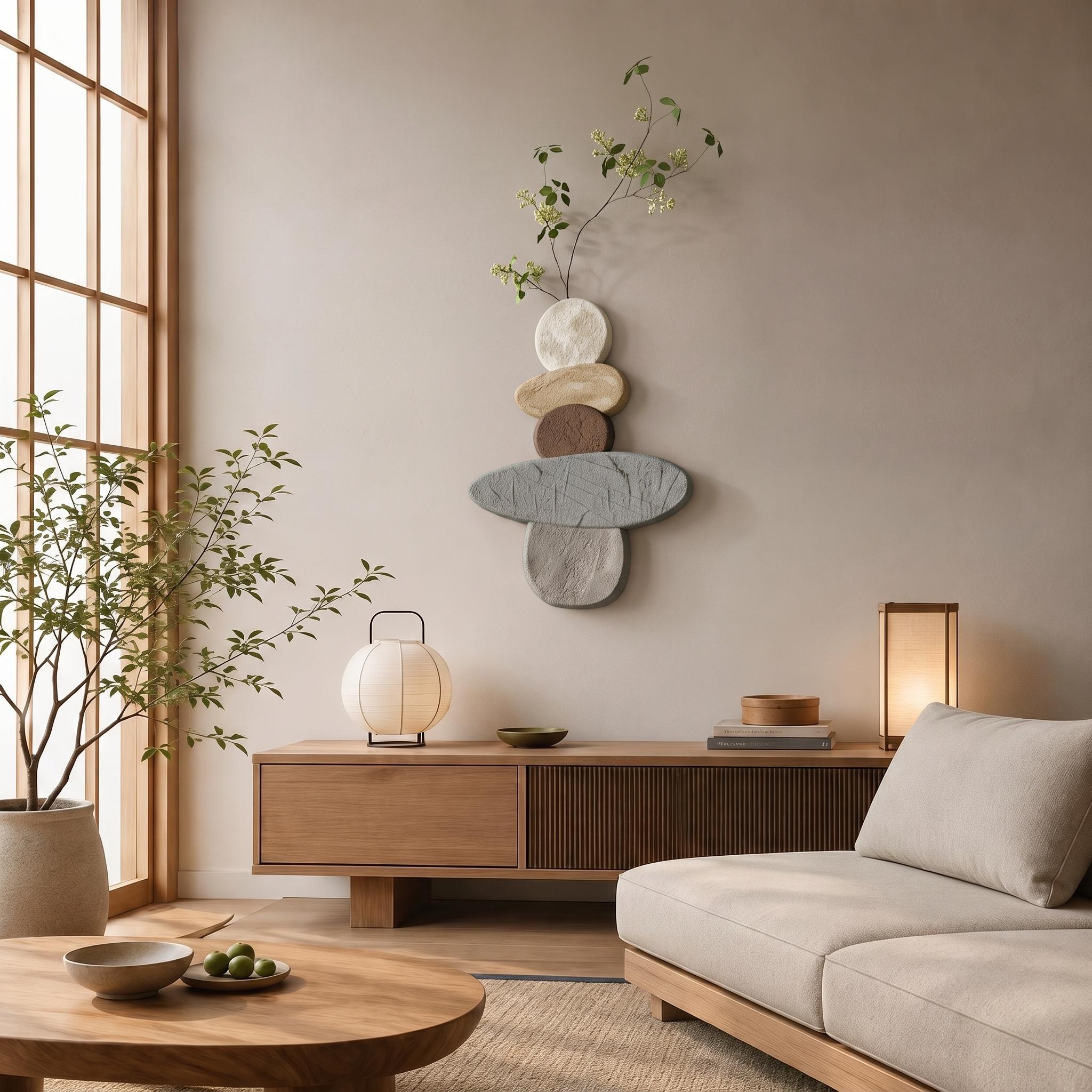 Wabi Sabi Stone Wall Art, Japandi Pebble Totem Decor
