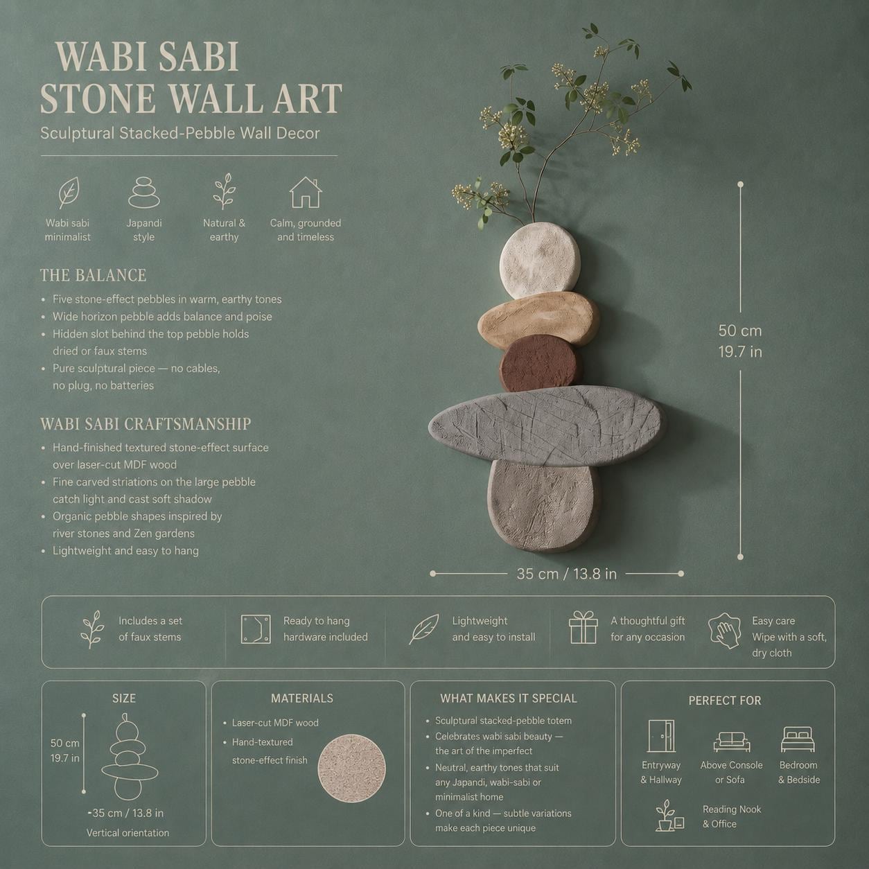 Wabi Sabi Stone Wall Art, Japandi Pebble Totem Decor