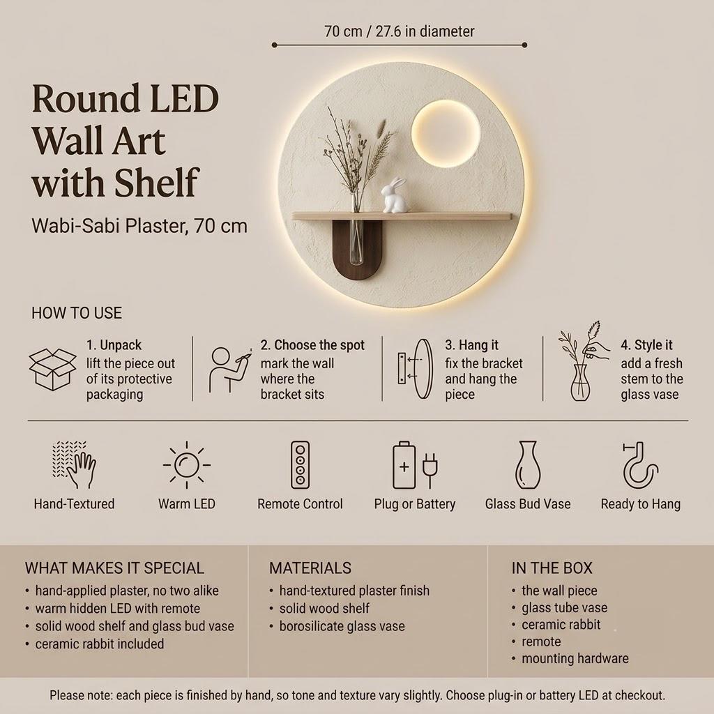 Wabi Sabi Plaster Wall Sconce, Japandi LED Decor