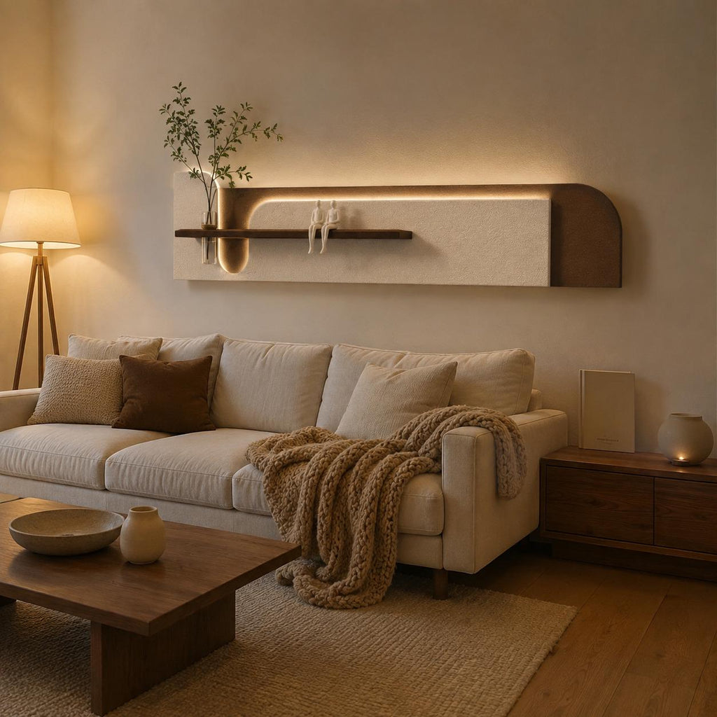 Above Sofa Wall Decor, Long Backlit Wall Art with Shelf and
