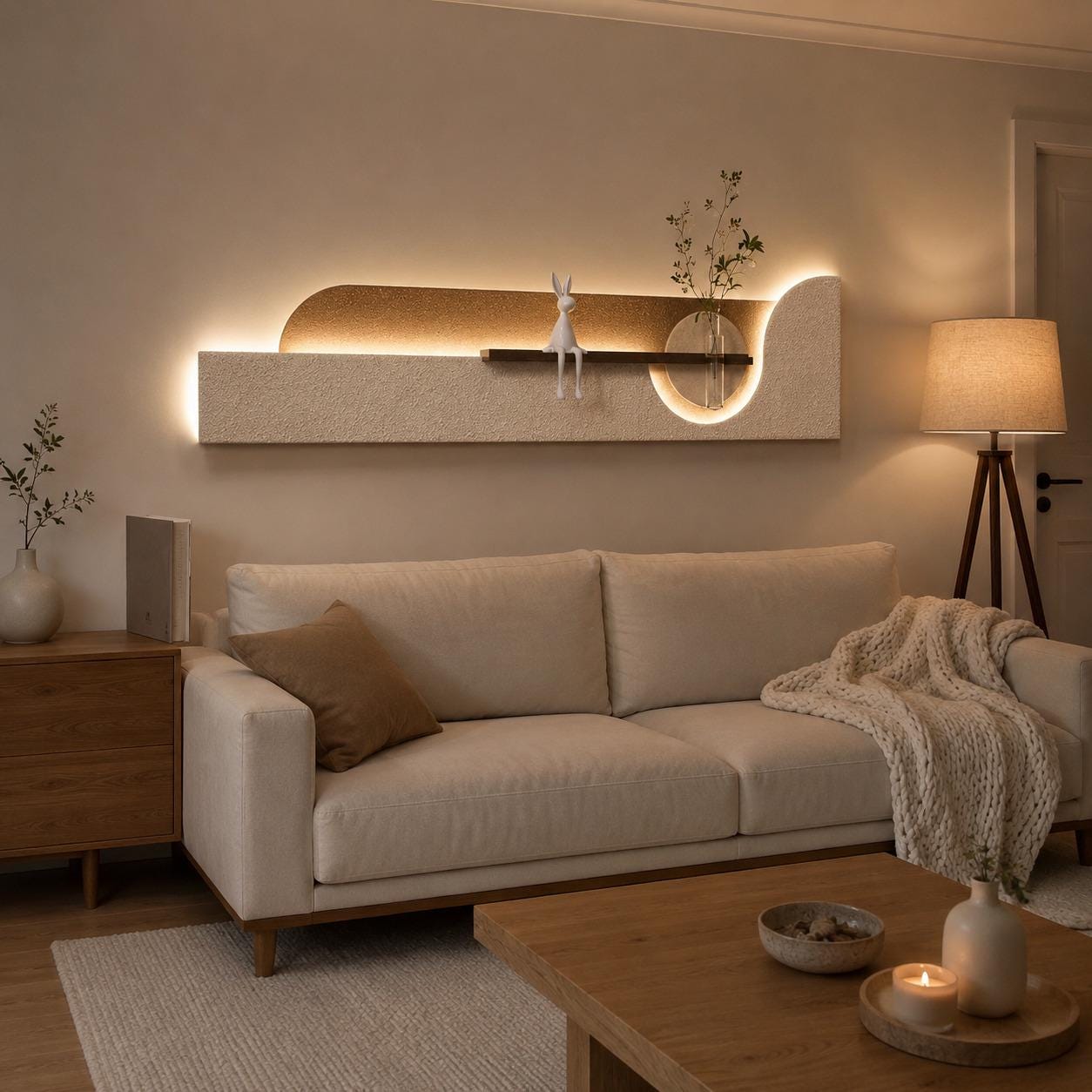Long Wall Art Above Sofa, Backlit Plaster Panel with Shelf