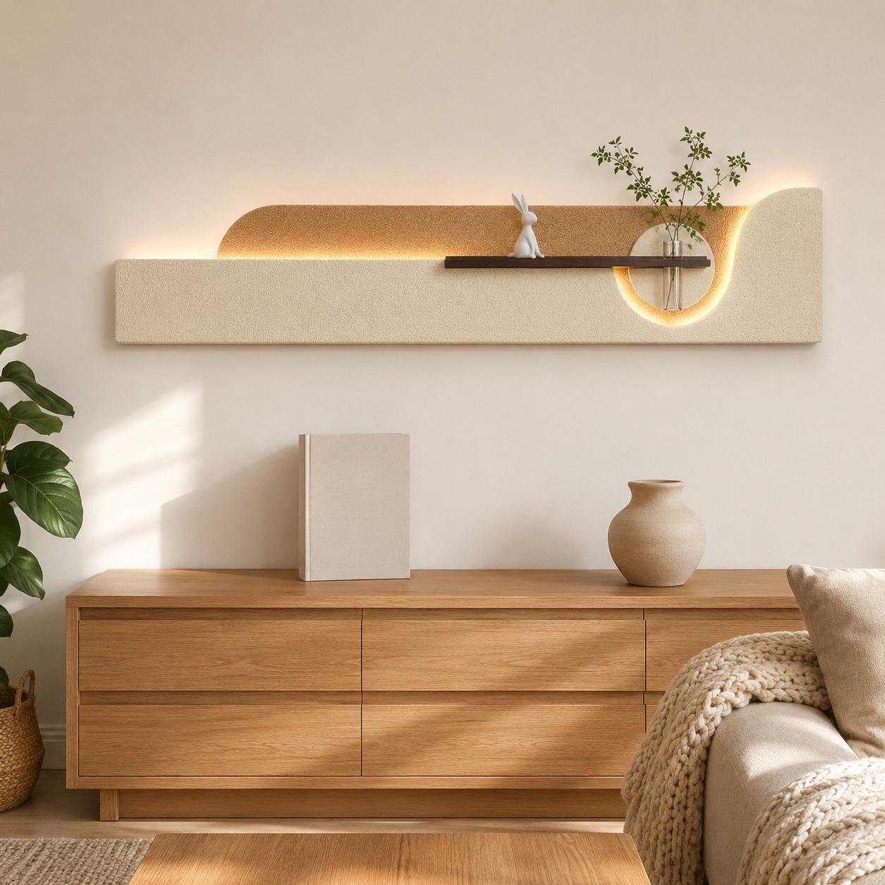 Long Wall Art Above Sofa, Backlit Plaster Panel with Shelf