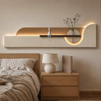 Long Wall Art Above Sofa, Backlit Plaster Panel with Shelf