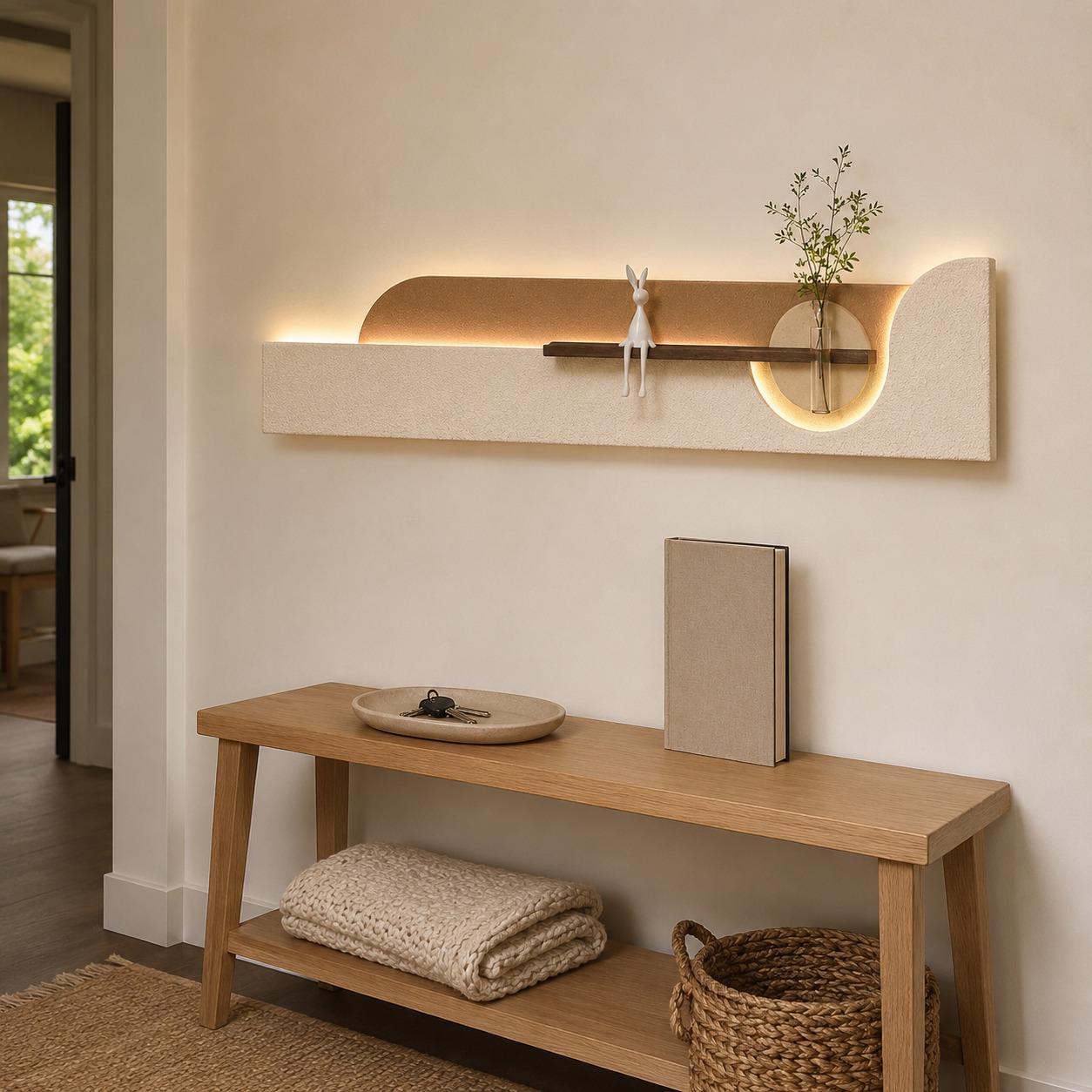 Long Wall Art Above Sofa, Backlit Plaster Panel with Shelf