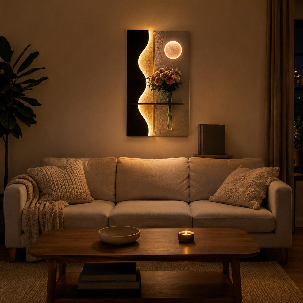 Tall Backlit Wall Art, Black Textured Panel with Shelf and