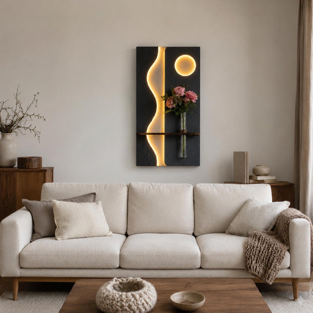 Tall Backlit Wall Art, Black Textured Panel with Shelf and