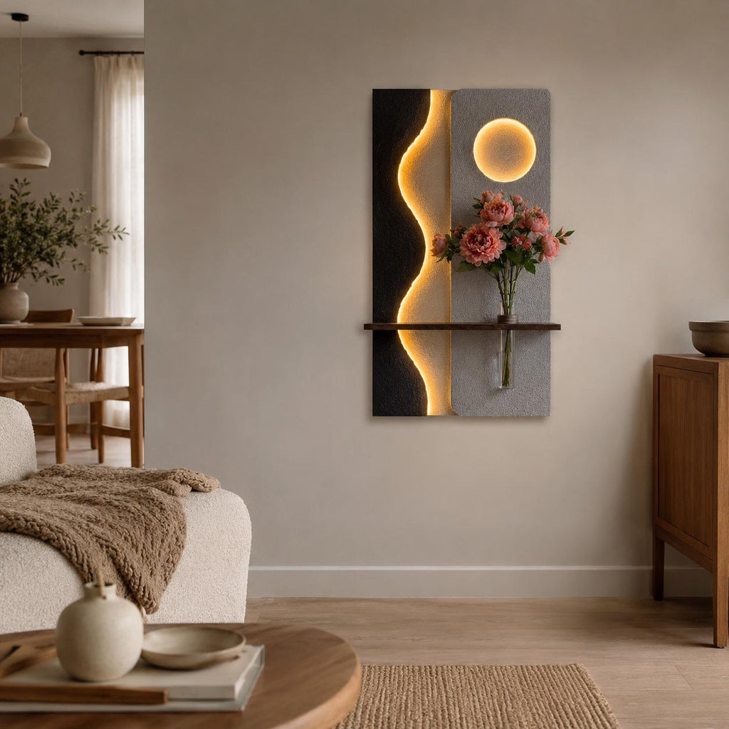 Tall Backlit Wall Art, Black Textured Panel with Shelf and
