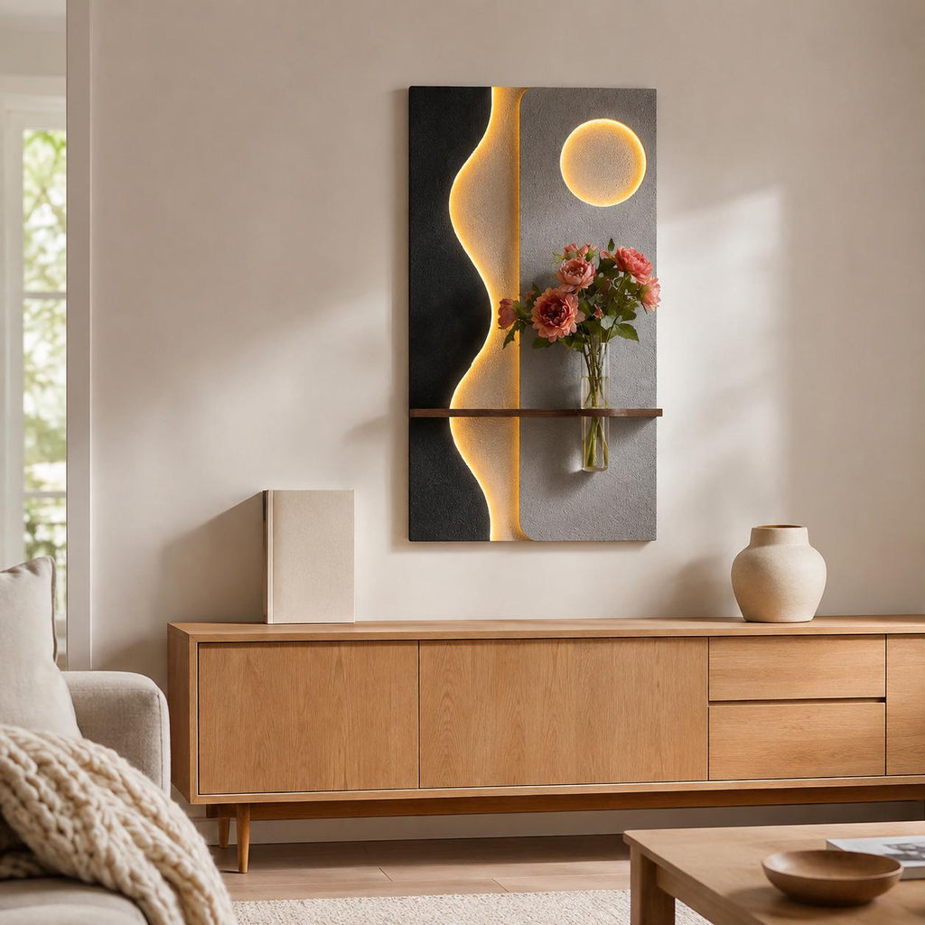Tall Backlit Wall Art, Black Textured Panel with Shelf and