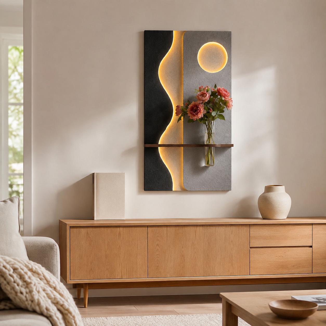 Tall Backlit Wall Art, Black Textured Panel with Shelf and