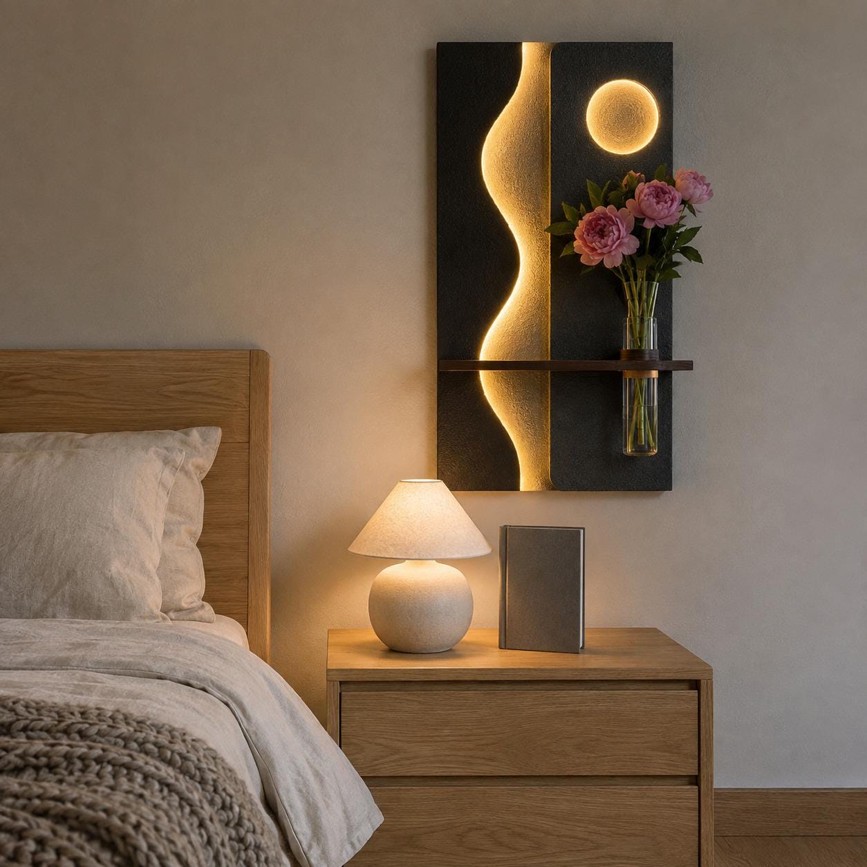Tall Backlit Wall Art, Black Textured Panel with Shelf and