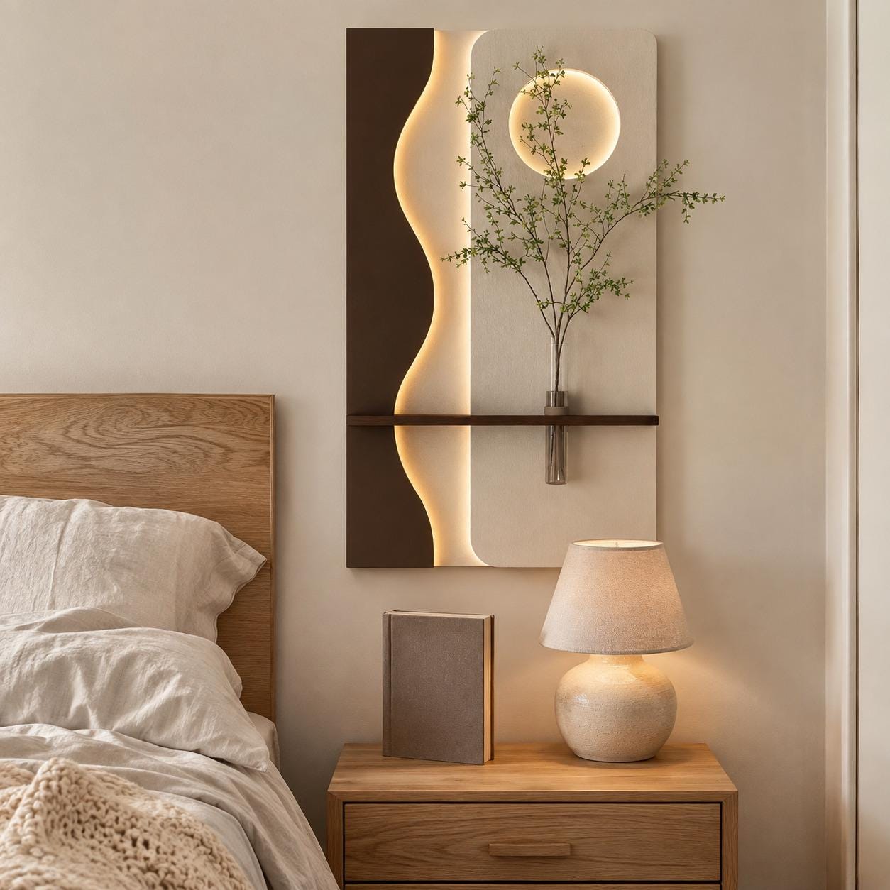 Vertical Wall Art with Shelf, Backlit Plaster Panel and