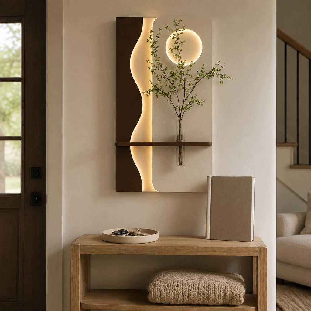 Vertical Wall Art with Shelf, Backlit Plaster Panel and