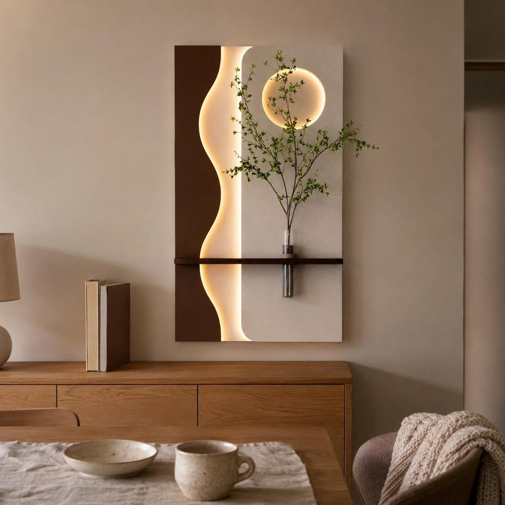 Vertical Wall Art with Shelf, Backlit Plaster Panel and