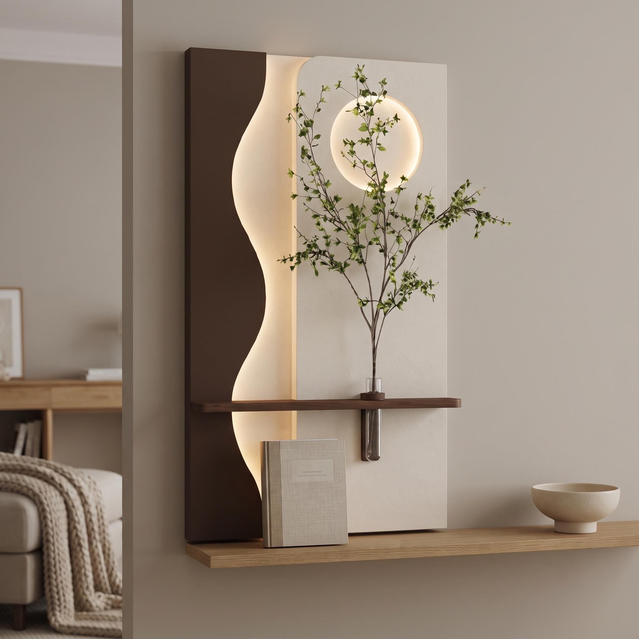 Vertical Wall Art with Shelf, Backlit Plaster Panel and