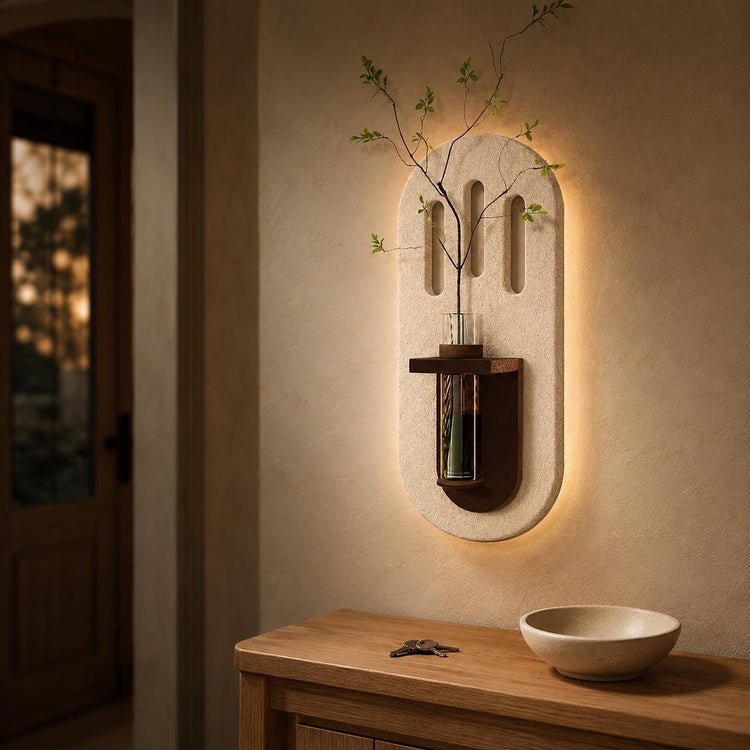 Design B capsule wall panel with twin slot cutouts and a walnut shelf, lit above a console