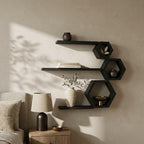 Hexagon Wall Shelf, Matte Black Pine Wood Plant Shelves
