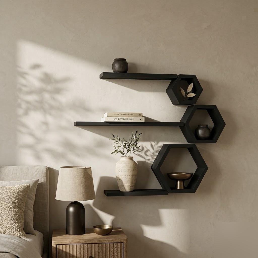 Hexagon Wall Shelf, Matte Black Pine Wood Plant Shelves