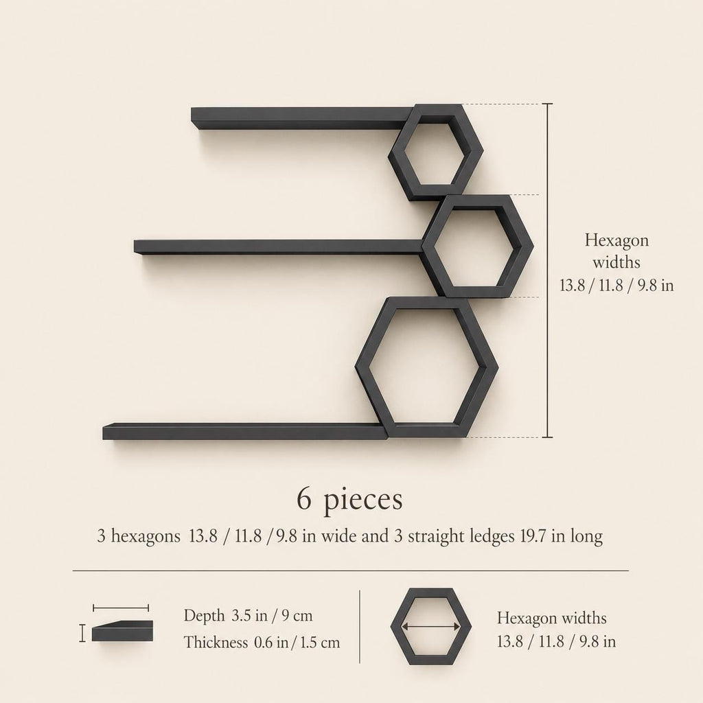Hexagon Wall Shelf, Matte Black Pine Wood Plant Shelves