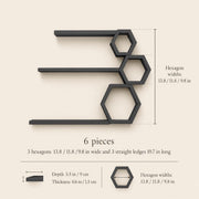 Layout diagram of the black 6-piece set: three hexagons and three 19.7 in ledges