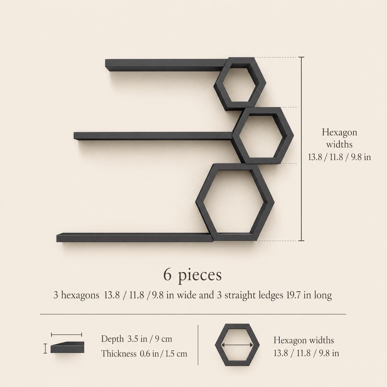 Hexagon Wall Shelf, Matte Black Pine Wood Plant Shelves