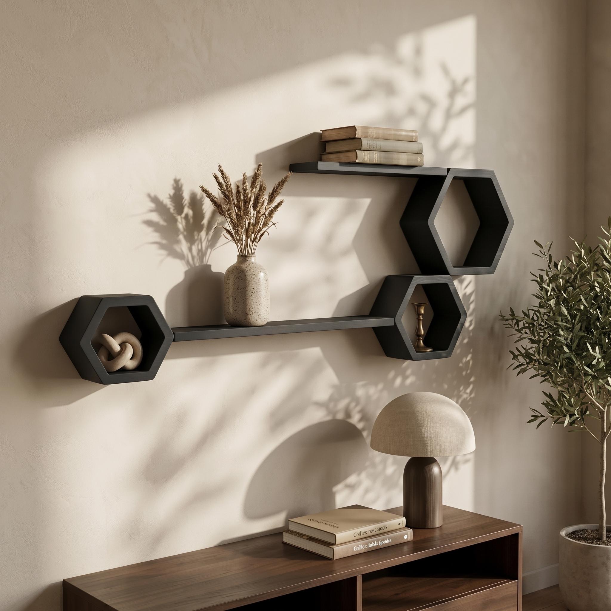 Honeycomb Wall Shelf, Matte Black Pine Wood Plant Shelves