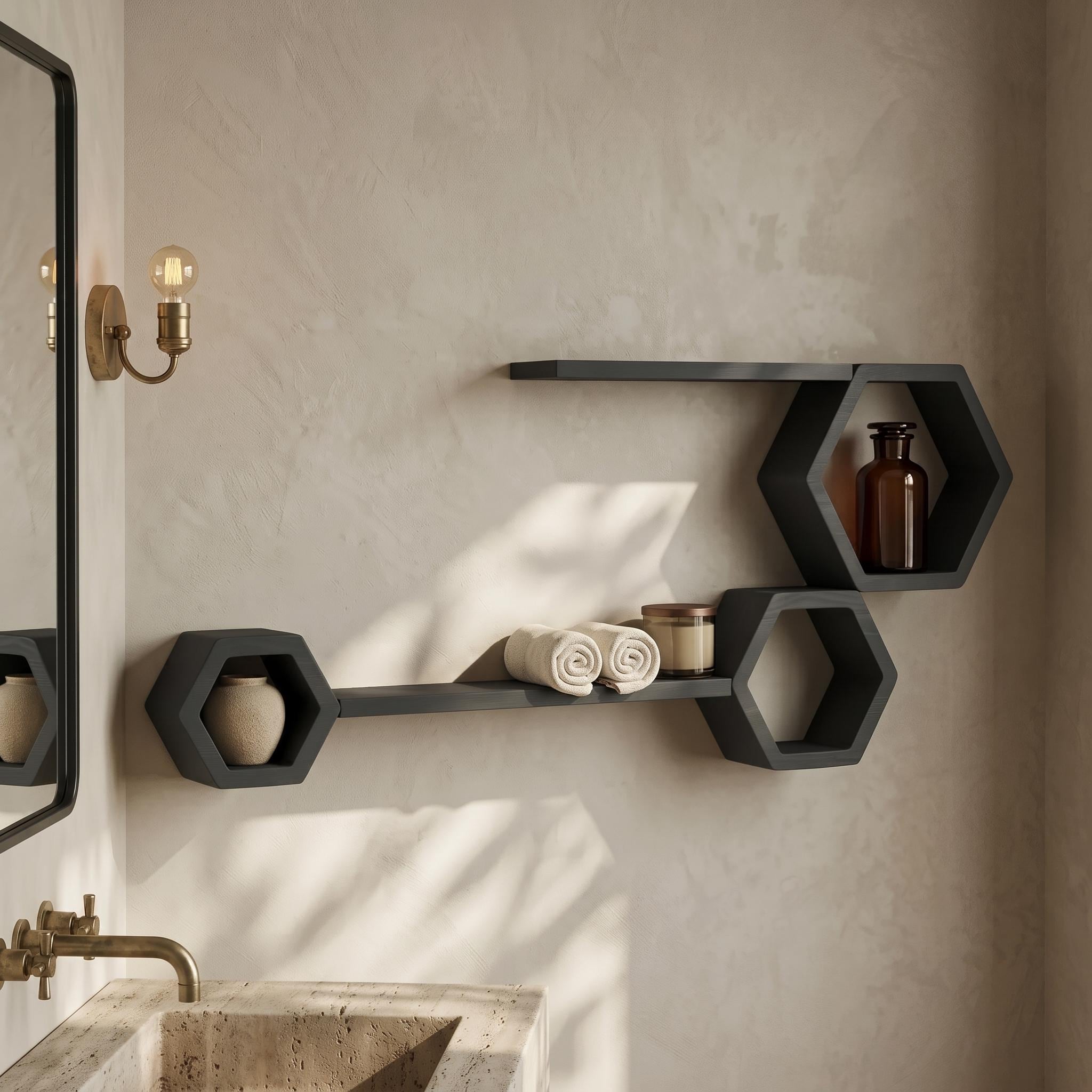 Honeycomb Wall Shelf, Matte Black Pine Wood Plant Shelves