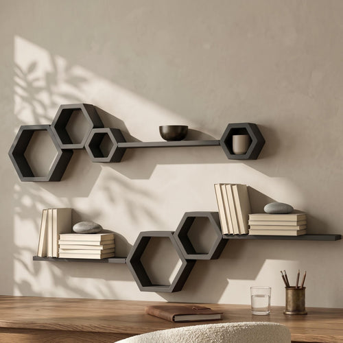 Nine-piece matte black pine hexagon and ledge shelf set in two runs above a table