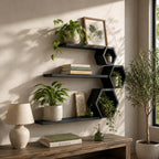 Hexagon Wall Shelf, Matte Black Pine Wood Plant Shelves