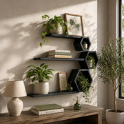 Black floating shelves with plants, books and a framed print on a cream wall
