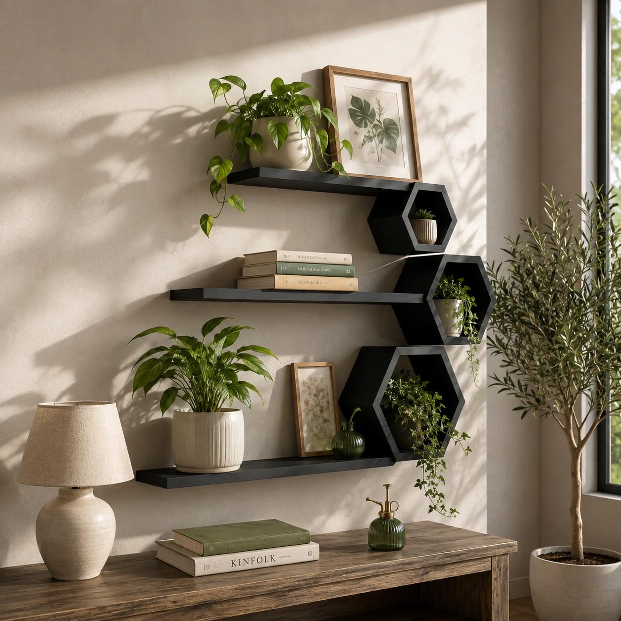 Hexagon Wall Shelf, Matte Black Pine Wood Plant Shelves