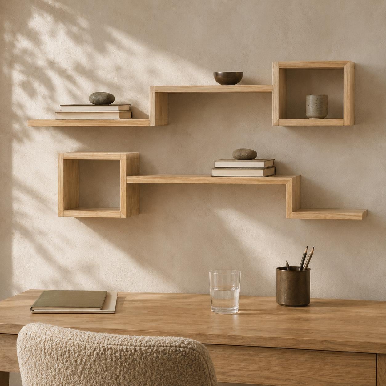 Wall Shelf Set of 6, Natural Pine Wood Cube Plant Shelves