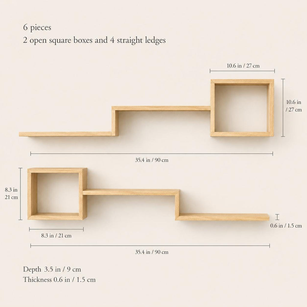 Wall Shelf Set of 6, Natural Pine Wood Cube Plant Shelves