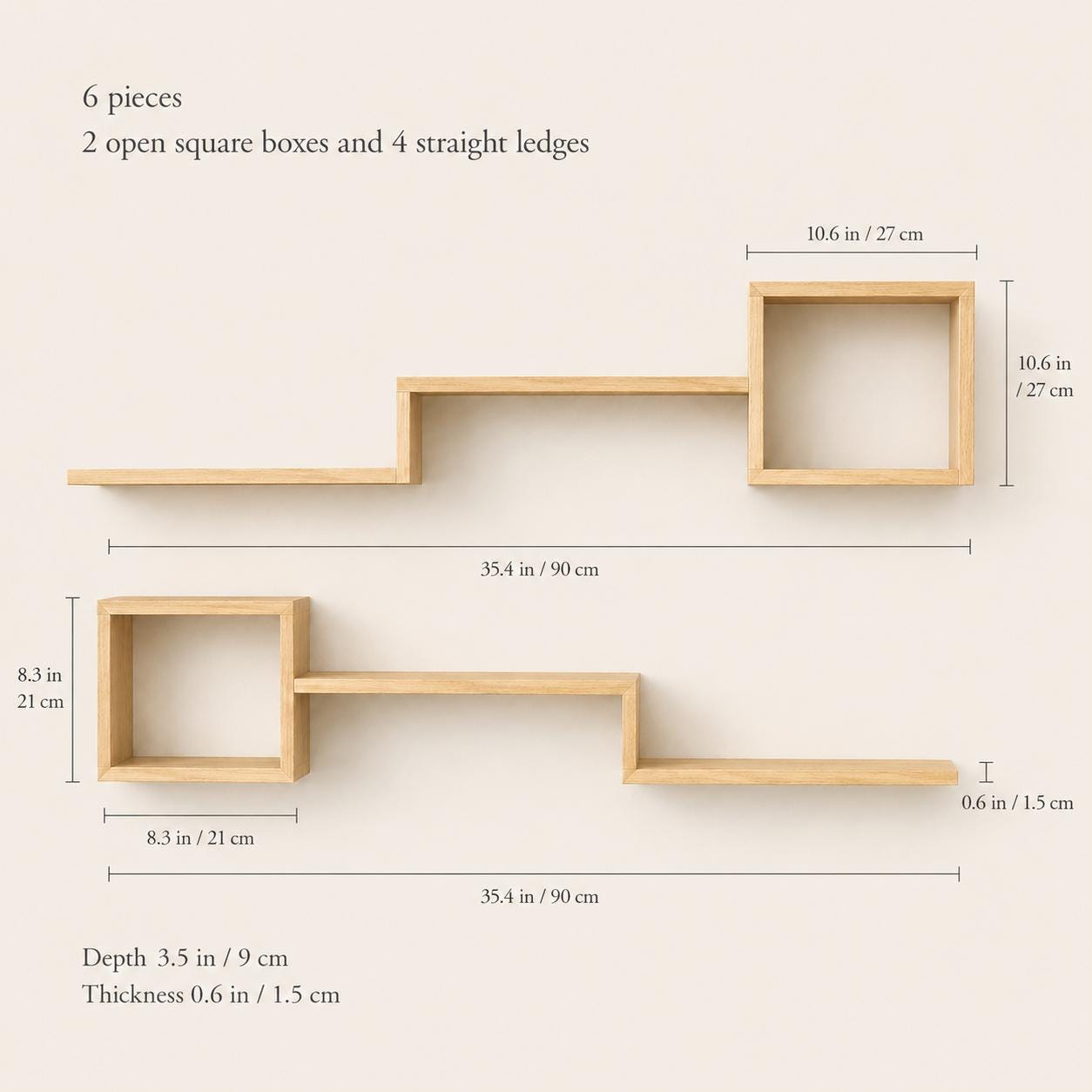 Wall Shelf Set of 6, Natural Pine Wood Cube Plant Shelves