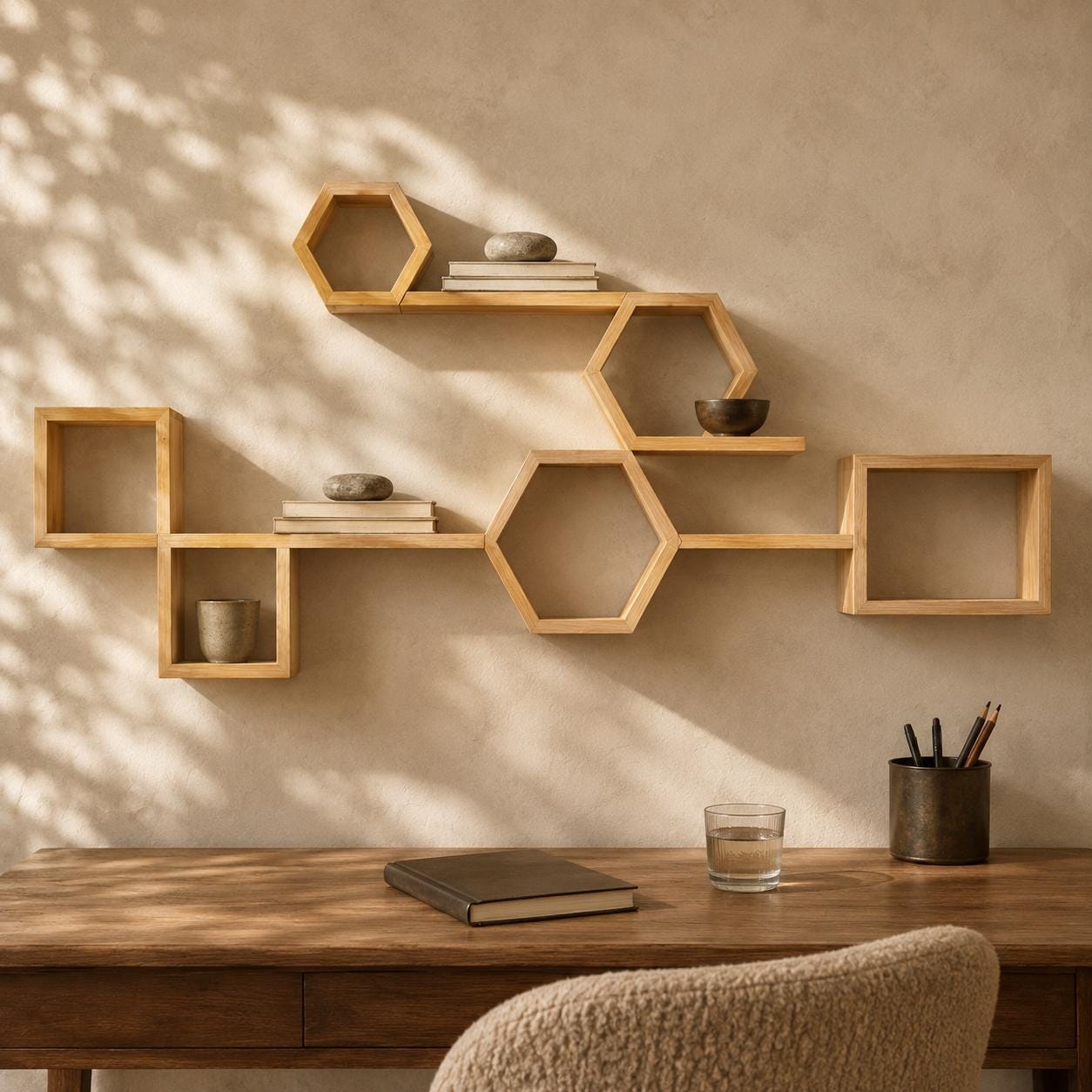 Hexagon Wall Shelf, Natural Pine Wood Cube Modular Plant