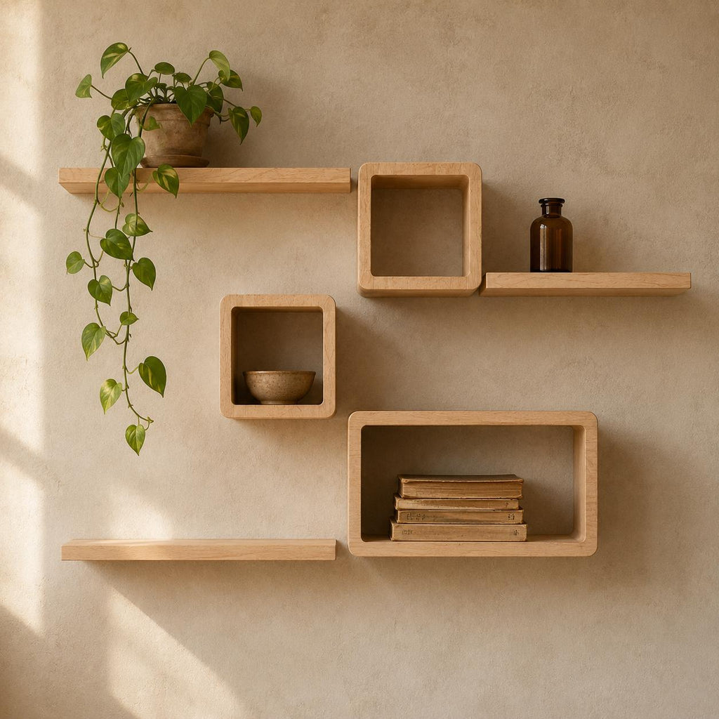 Cube Wall Shelf, Natural Pine Wood Staggered Plant Shelves