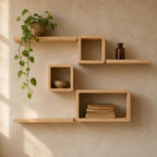 Cube Wall Shelf, Natural Pine Wood Staggered Plant Shelves