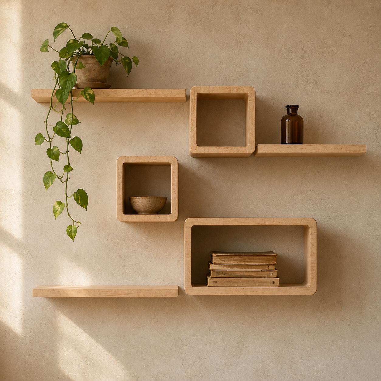 Cube Wall Shelf, Natural Pine Wood Staggered Plant Shelves