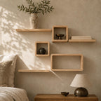 Cube Wall Shelf, Natural Pine Wood Staggered Plant Shelves