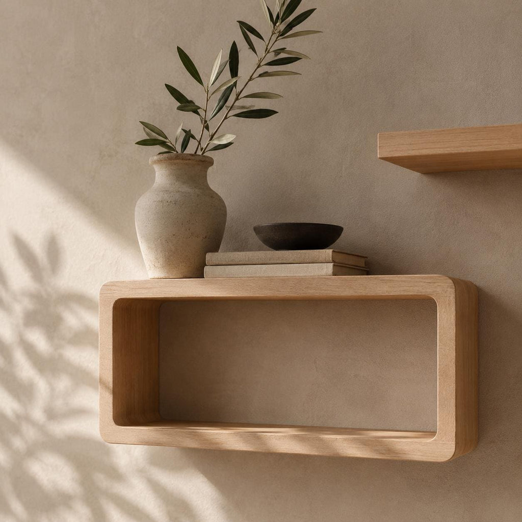Cube Wall Shelf, Natural Pine Wood Staggered Plant Shelves