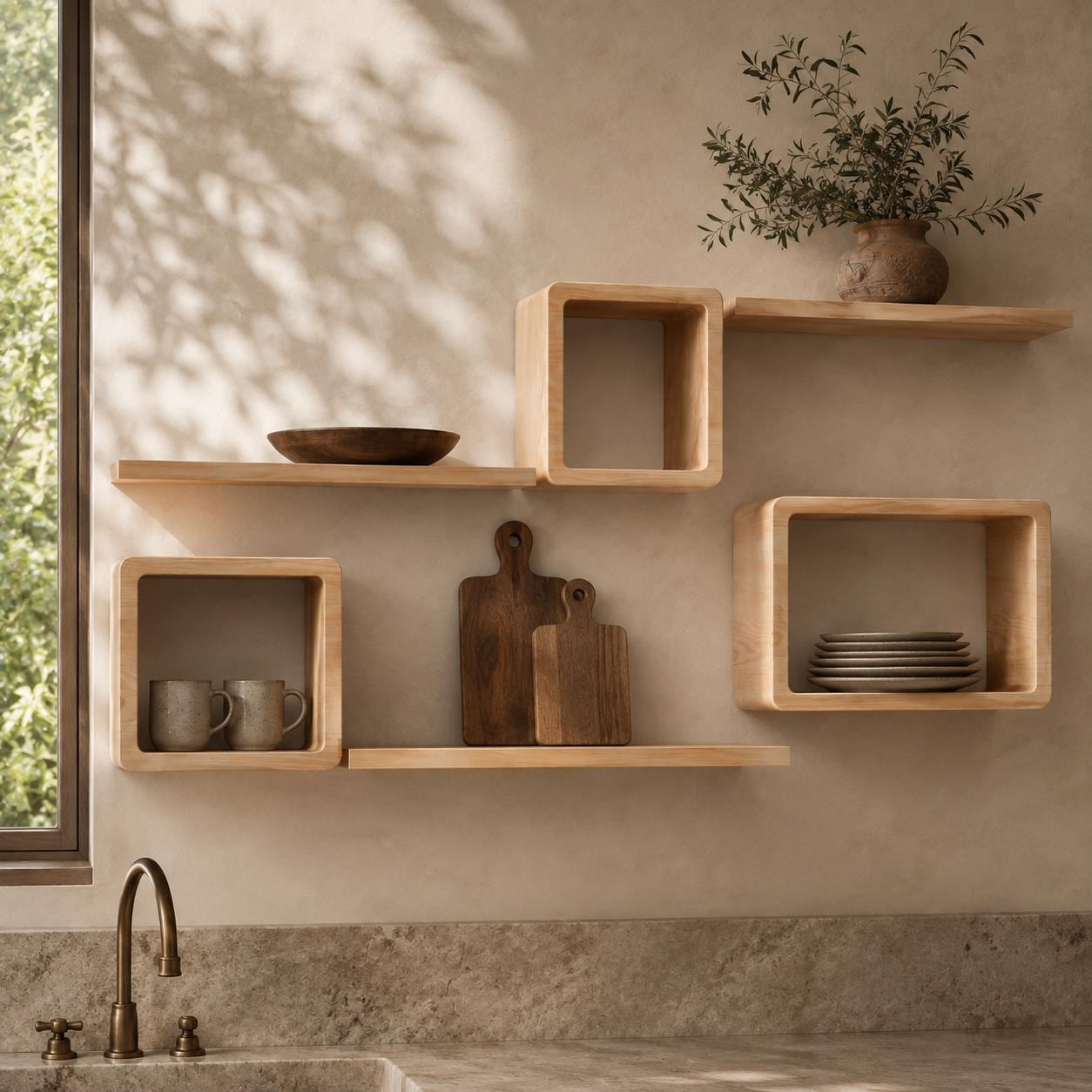 Rounded Cube Wall Shelf, Natural Pine Wood Staggered Plant