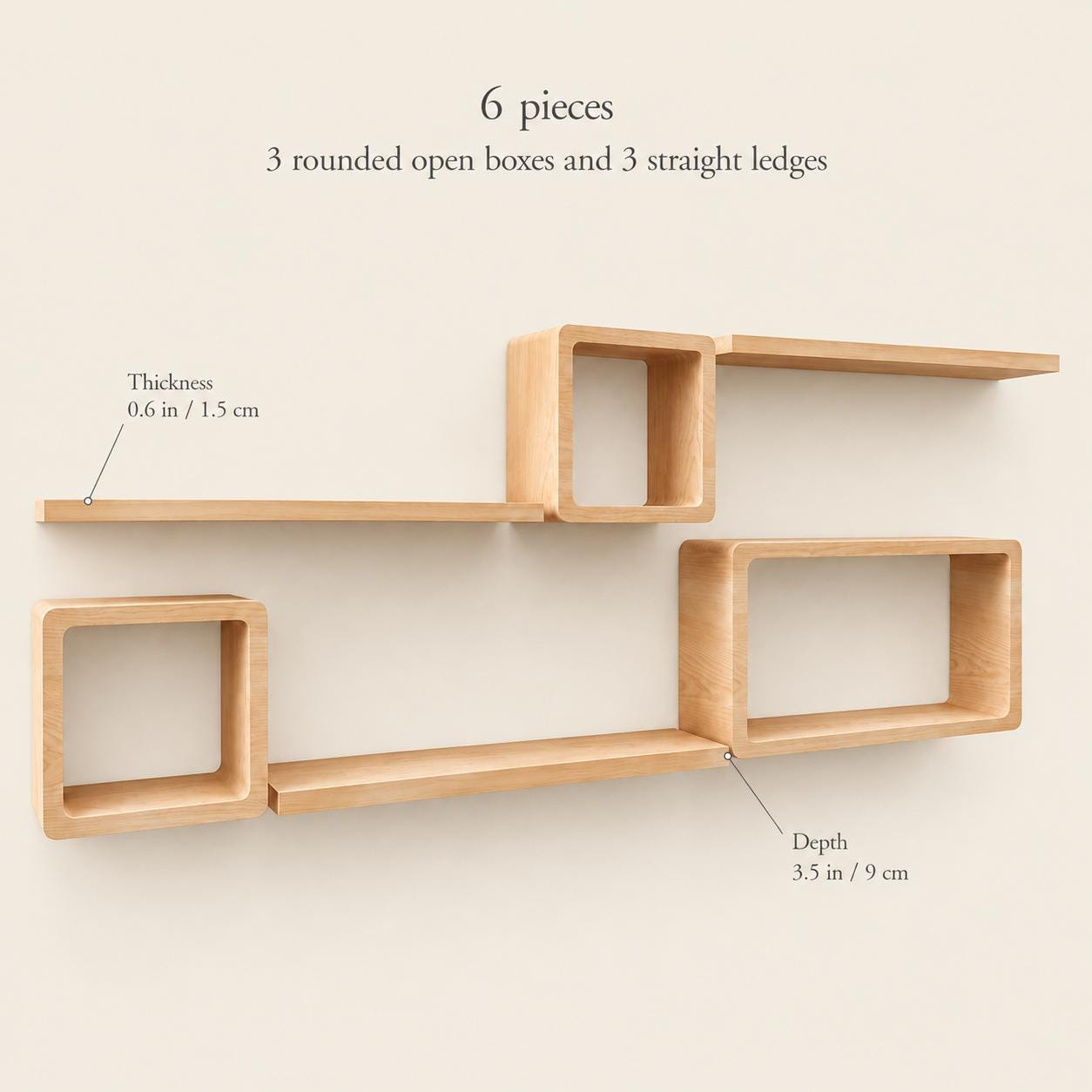 Rounded Cube Wall Shelf, Natural Pine Wood Staggered Plant