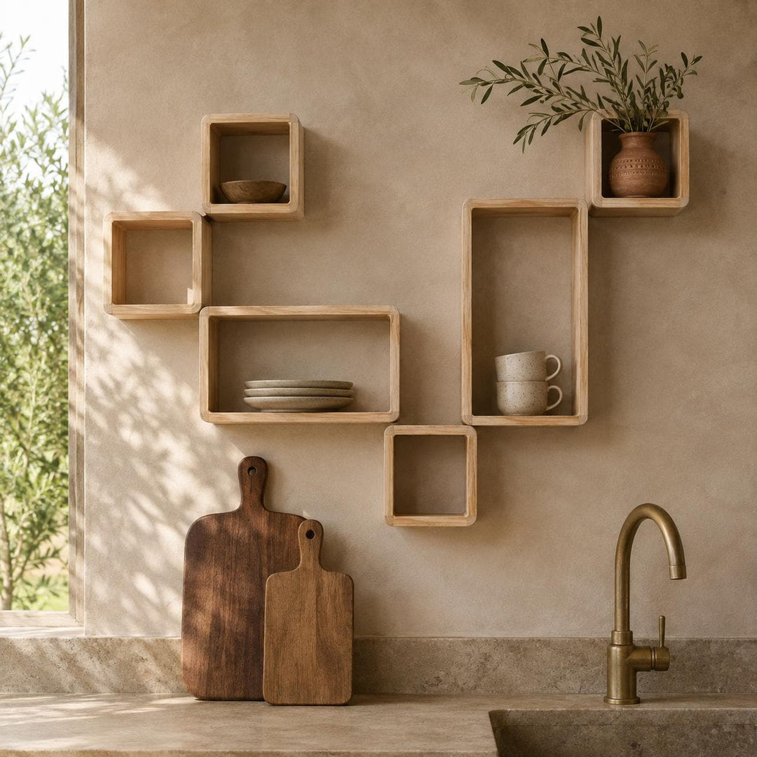 Modular pine box shelves above a kitchen counter with plates, mugs and a board