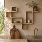 Modular Wall Shelf, Natural Pine Wood Cube Tetris Plant