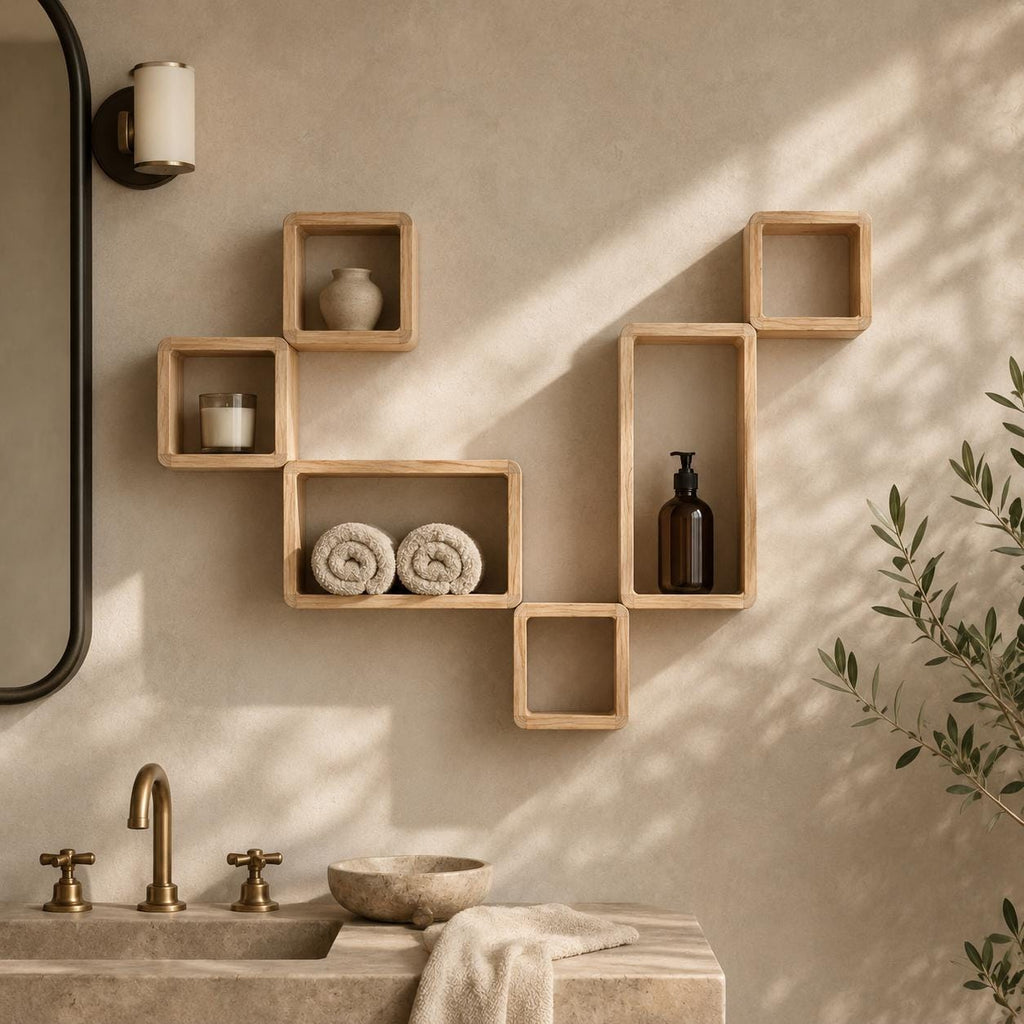 Modular Wall Shelf, Natural Pine Wood Cube Tetris Plant
