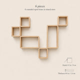 Six light natural wood rectangular open boxes arranged decoratively on a warm beige background, with text noting '6 pieces' and small dimension callouts showing depth 3.5 in / 9 cm and thickness 0.