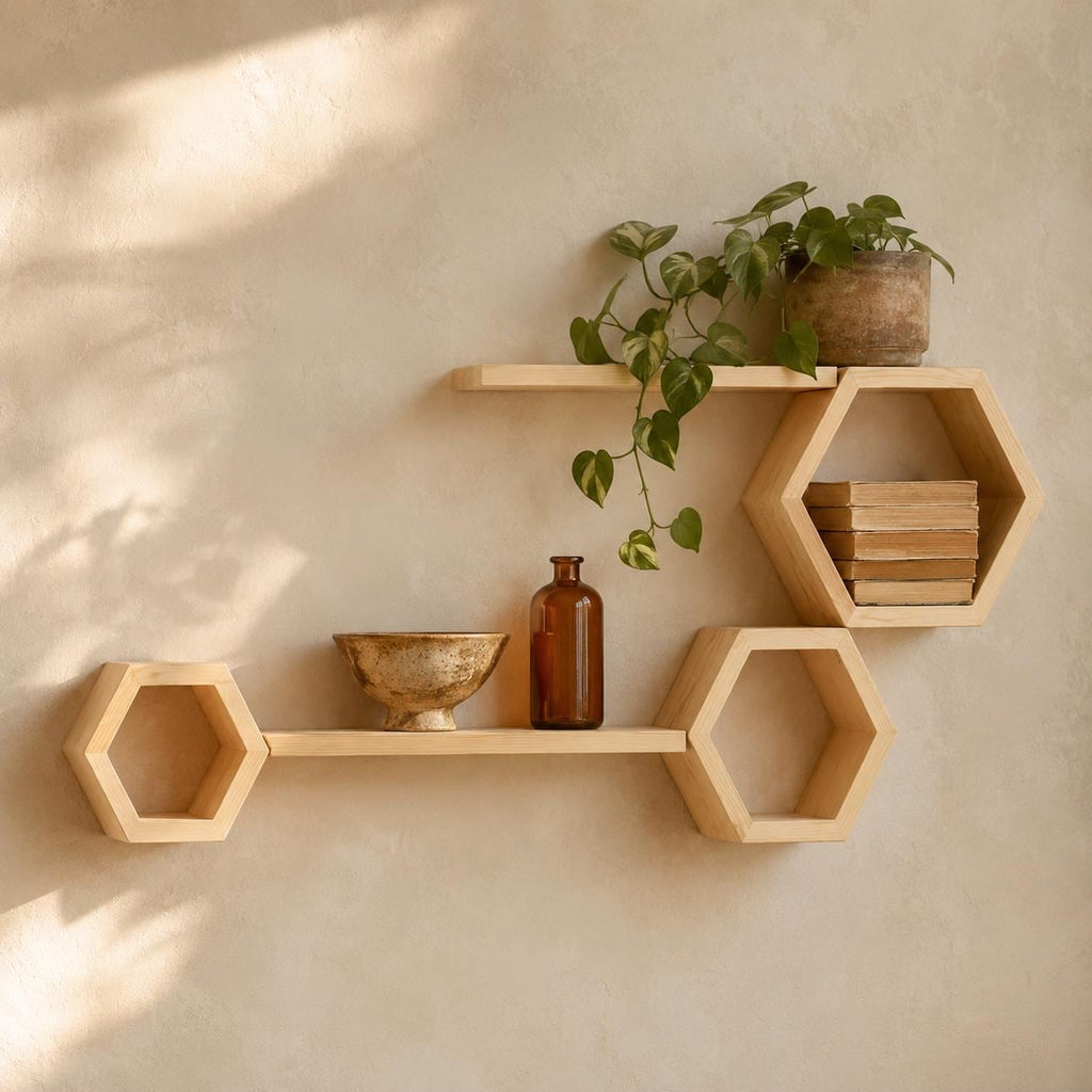 Honeycomb Wall Shelf, Natural Pine Wood Long Ledge Plant