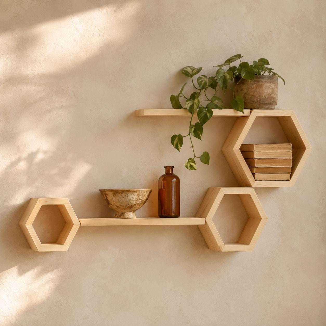 Honeycomb Wall Shelf, Natural Pine Wood Long Ledge Plant