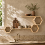 Honeycomb Wall Shelf, Natural Pine Wood Long Ledge Plant