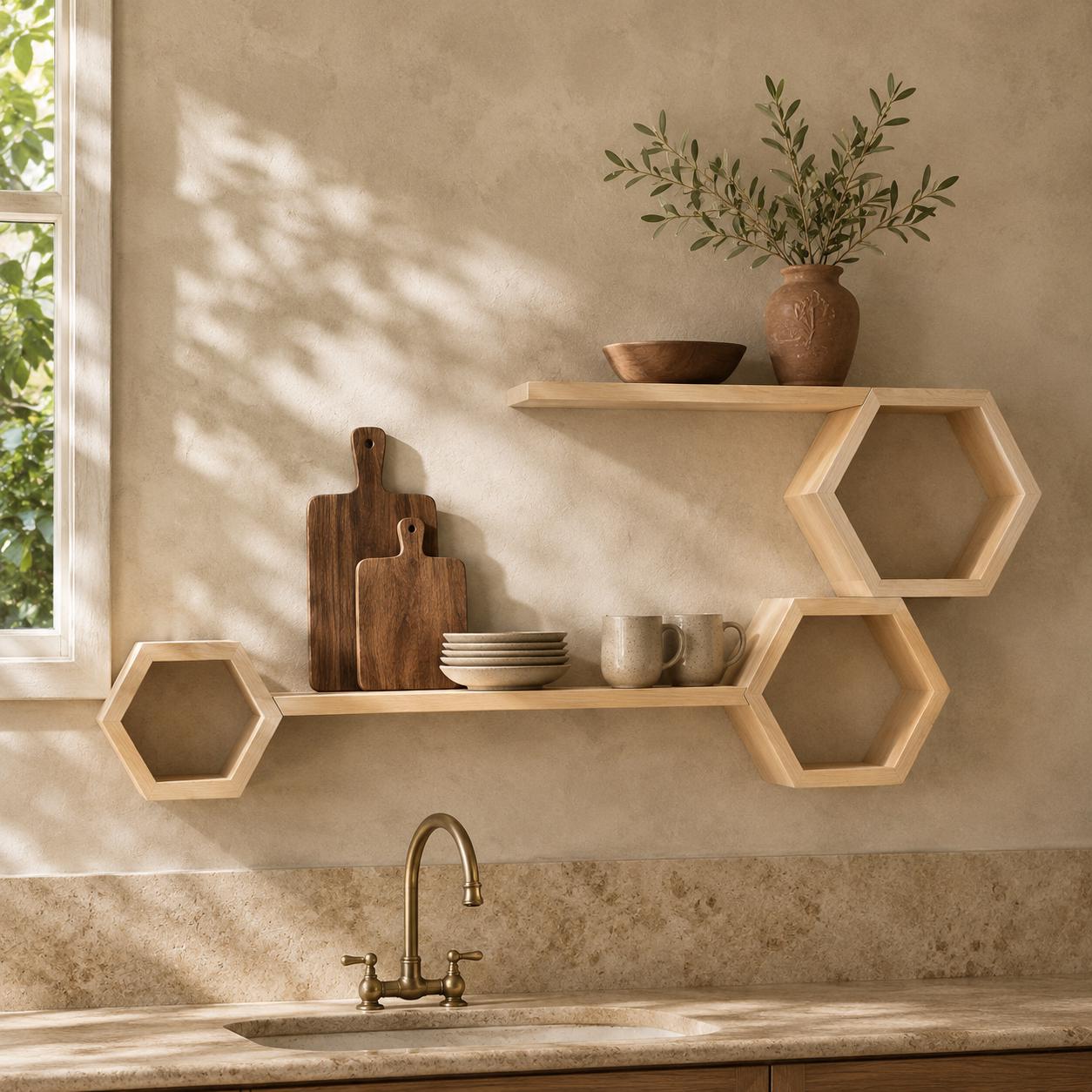 Honeycomb Wall Shelf, Natural Pine Wood Long Ledge Plant