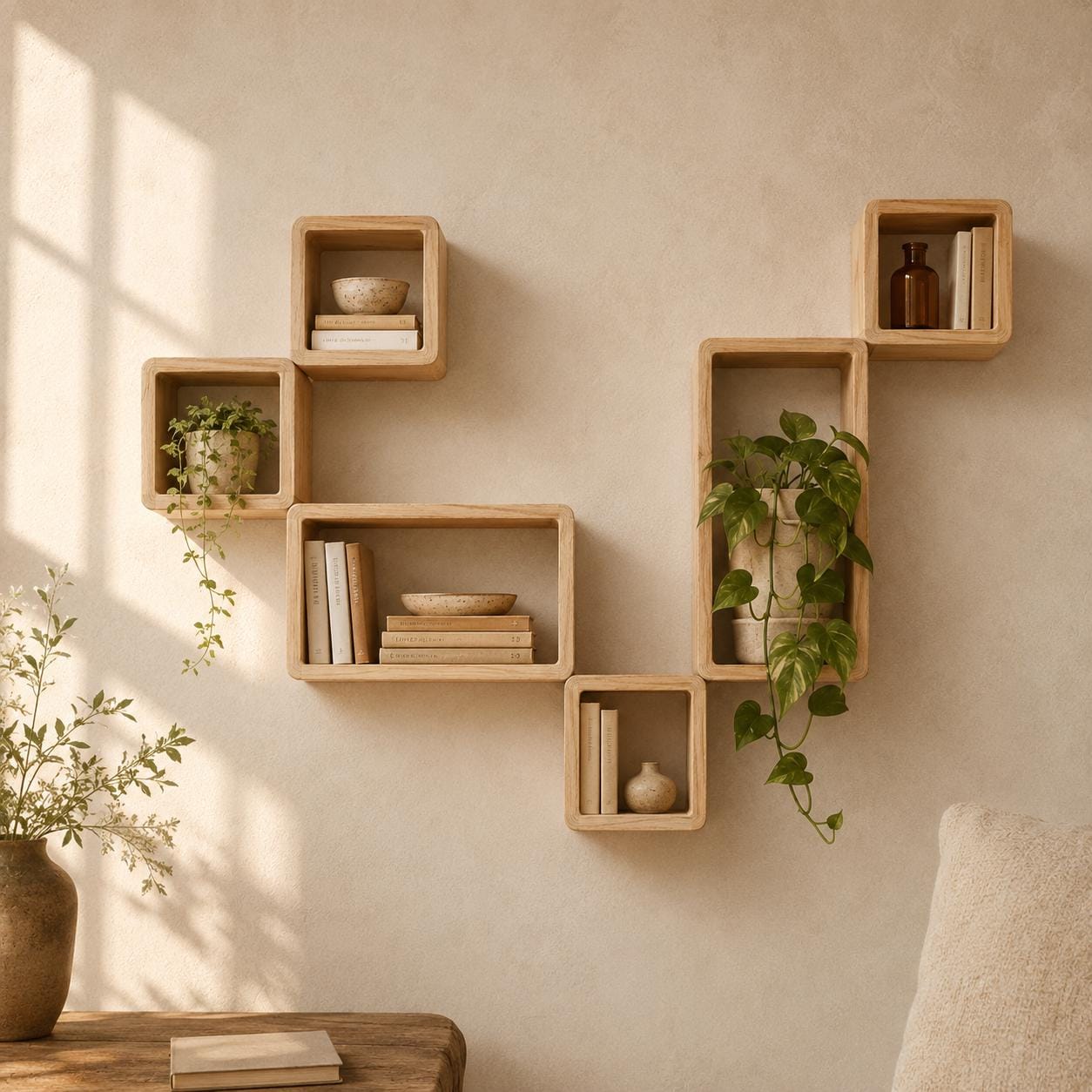 Modular Wall Shelf, Natural Pine Wood Cube Tetris Plant